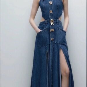 Urban Revivo Cutout Sleeveless Lapel Denim Dress